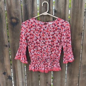 ARIZONA JEAN CO | Girls Coral Floral Elastic Waist Quarter Sleeve Blouse M 10-12